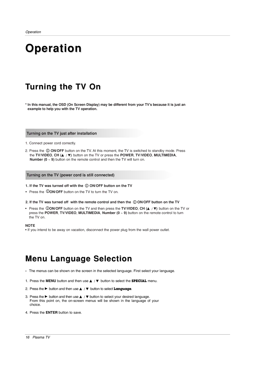 LG Electronics RU-42PX20, RU-50PX20 Turning the TV On, Menu Language Selection, Turning on the TV just after installation 