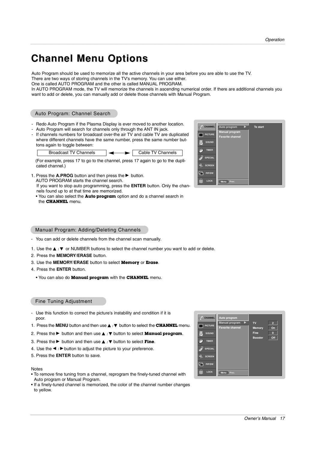 LG Electronics RU-42PX10 Channel Menu Options, Auto Program Channel Search, Manual Program Adding/Deleting Channels 