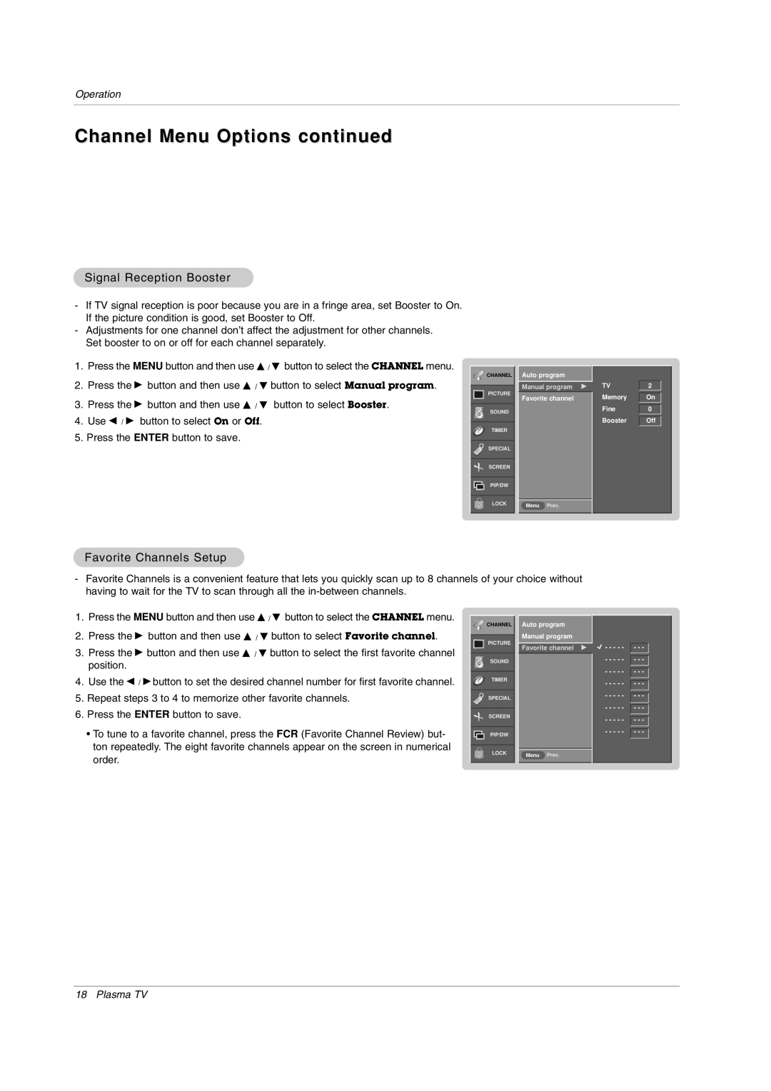 LG Electronics RU-50PX20, RU-50PX11, RU-42PX11 Channel Menu Options, Signal Reception Booster, Favorite Channels Setup 