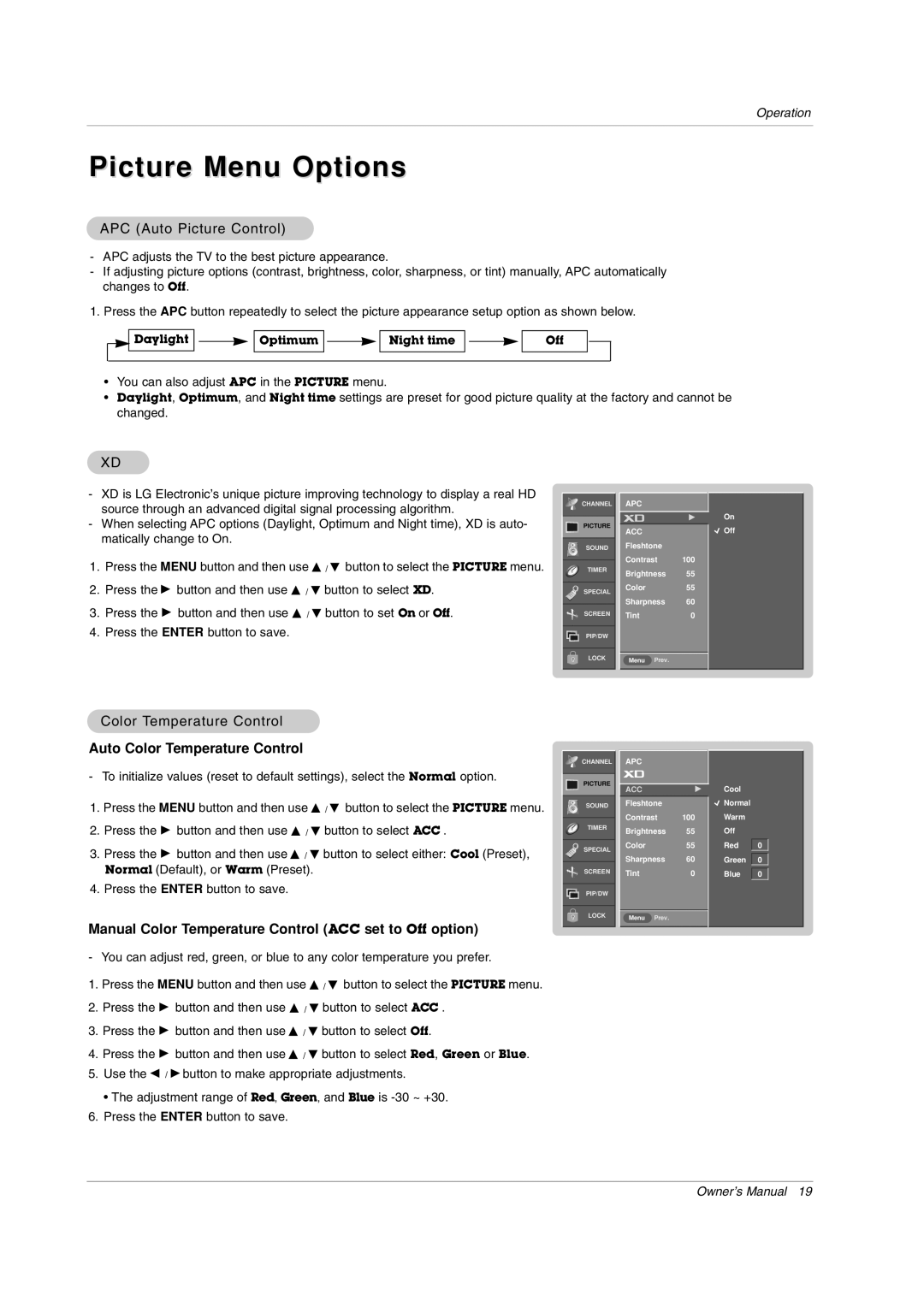 LG Electronics RU-50PX11, RU-50PX20, RU-42PX11 Picture Menu Options, APC Auto Picture Control, Color Temperature Control 