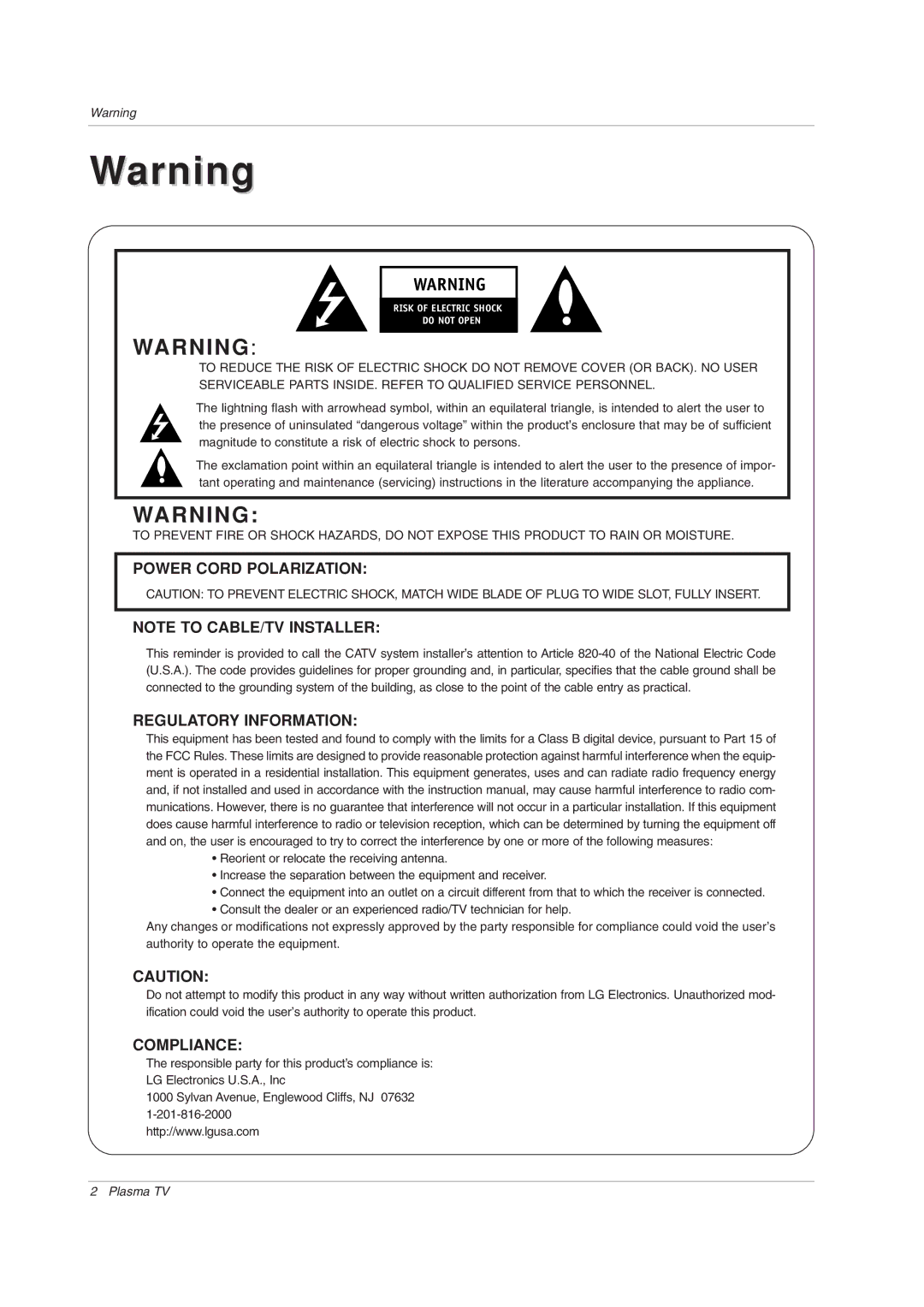 LG Electronics RU-42PX11, RU-50PX20, RU-50PX11, RU-50PX10, RU-42PX20, RU-42PX10 owner manual Power Cord Polarization 