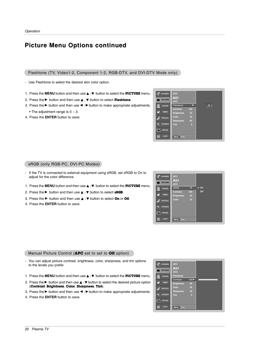 LG Electronics RU-42PX11, RU-50PX20, RU-50PX11, RU-50PX10, RU-42PX20 Picture Menu Options, SRGB only RGB-PC, DVI-PC Modes 