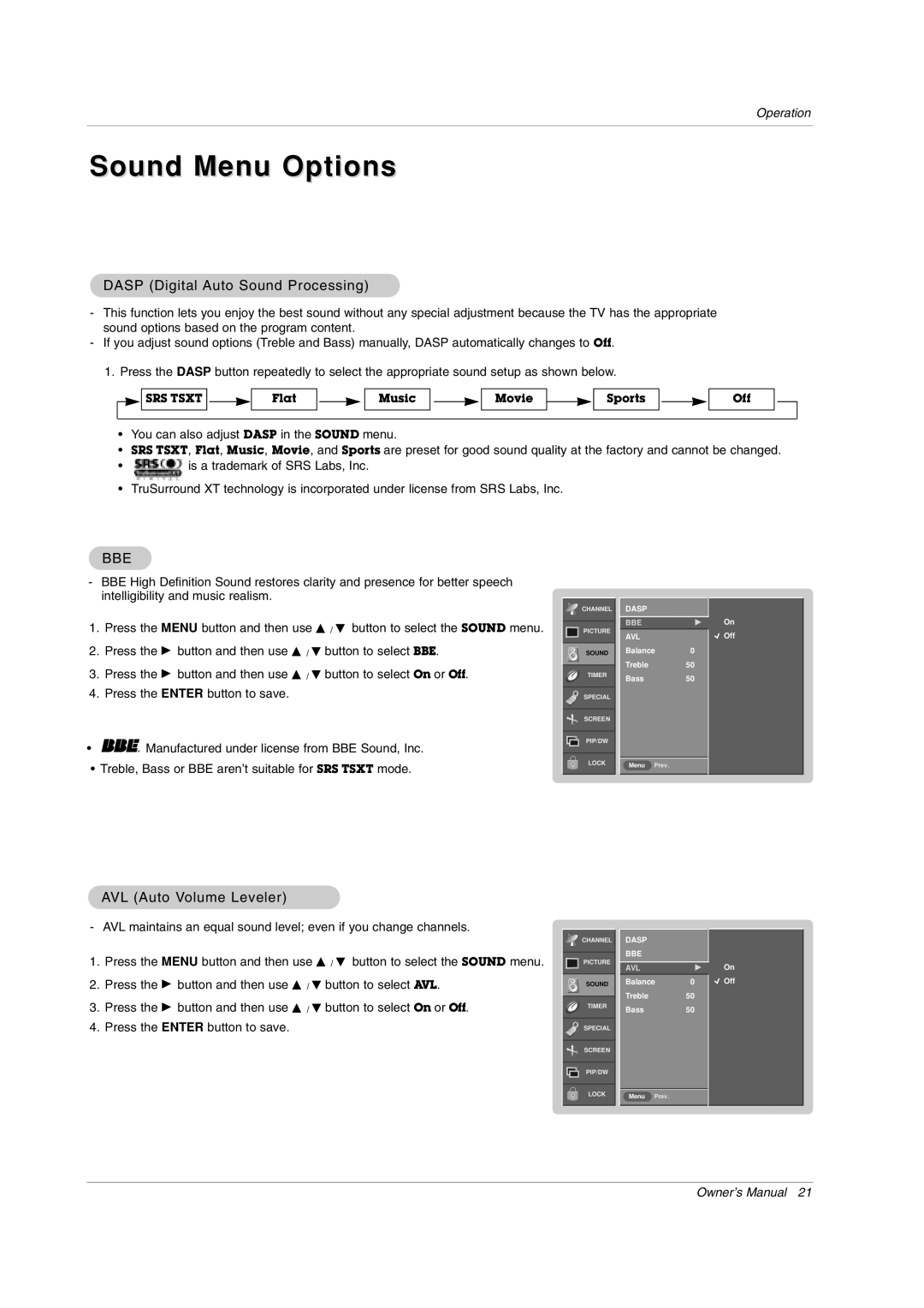 LG Electronics RU-50PX10, RU-50PX20 Sound Menu Options, Dasp Digital Auto Sound Processing, AVL Auto Volume Leveler 