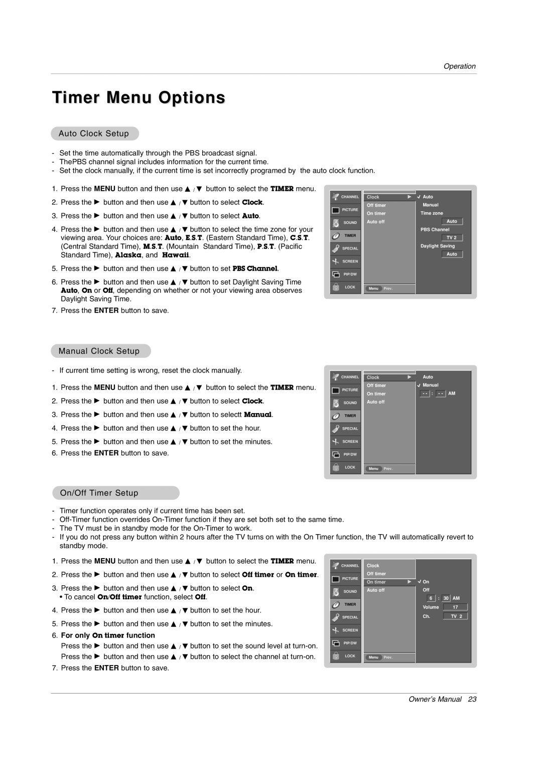 LG Electronics RU-42PX10, RU-50PX20, RU-50PX11 Timer Menu Options, Auto Clock Setup, Manual Clock Setup, On/Off Timer Setup 