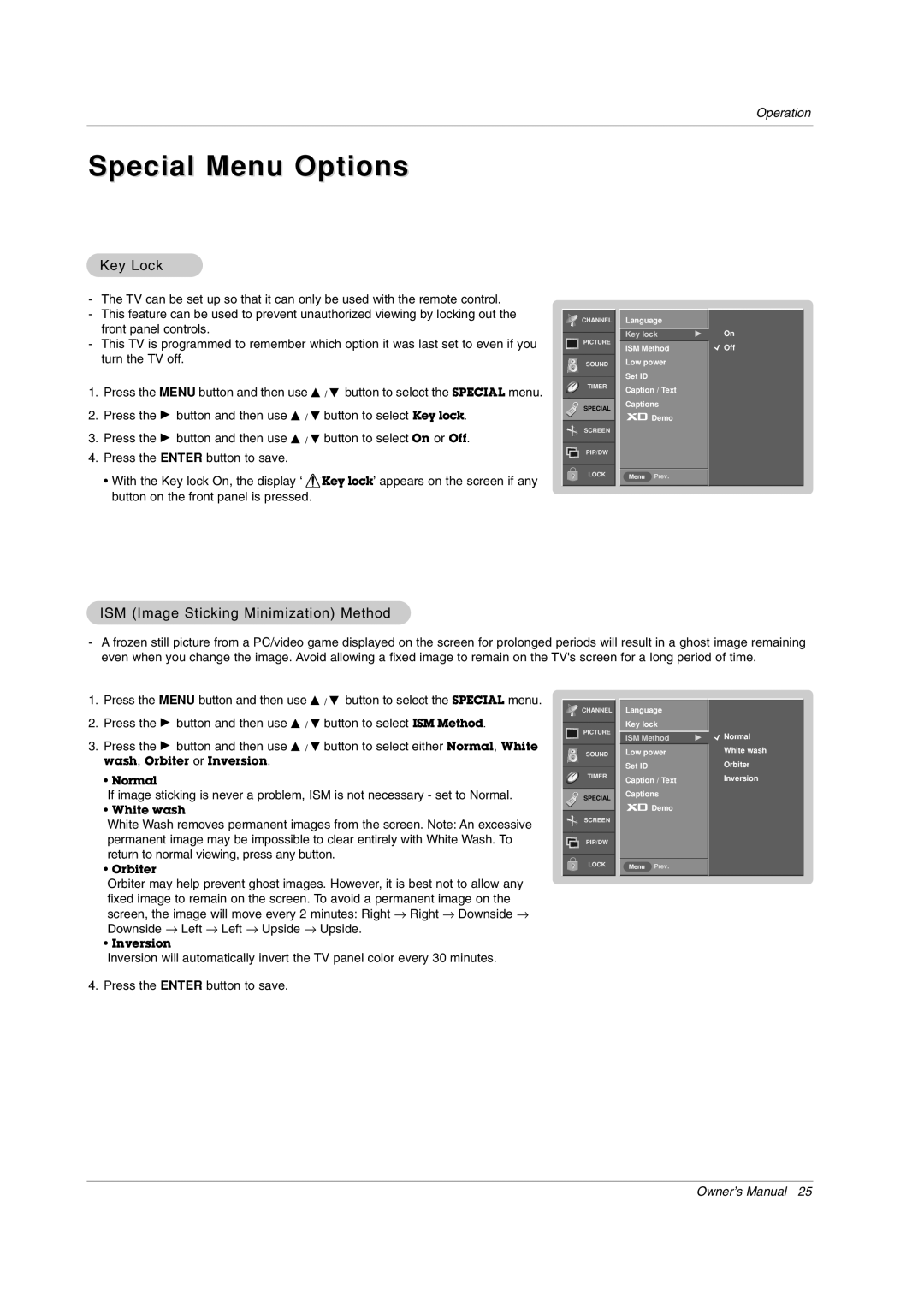 LG Electronics RU-50PX11, RU-50PX20, RU-42PX11 Special Menu Options, Key Lock, ISM Image Sticking Minimization Method 