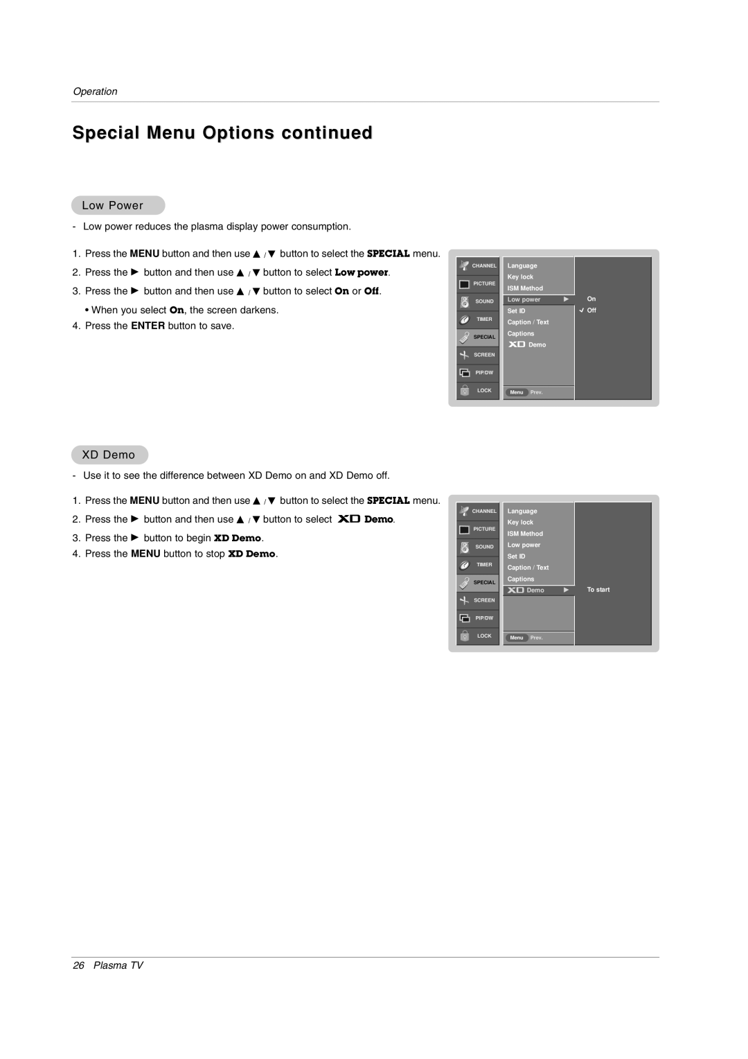 LG Electronics RU-42PX11, RU-50PX20, RU-50PX11, RU-50PX10, RU-42PX20, RU-42PX10 Special Menu Options, Low Power, XD Demo 