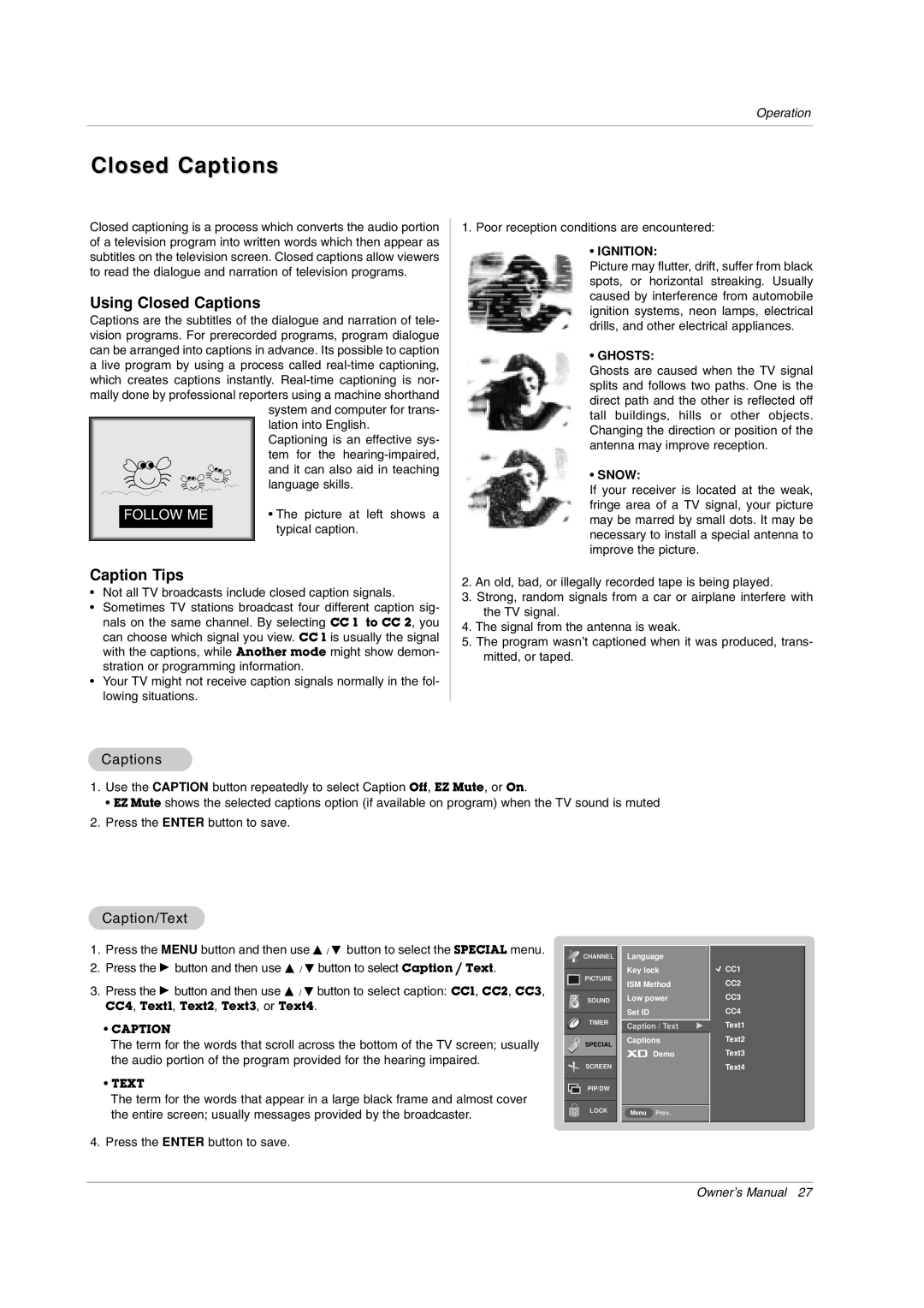 LG Electronics RU-50PX10, RU-50PX20, RU-50PX11, RU-42PX11, RU-42PX20, RU-42PX10 owner manual Closed Captions, Caption/Text 