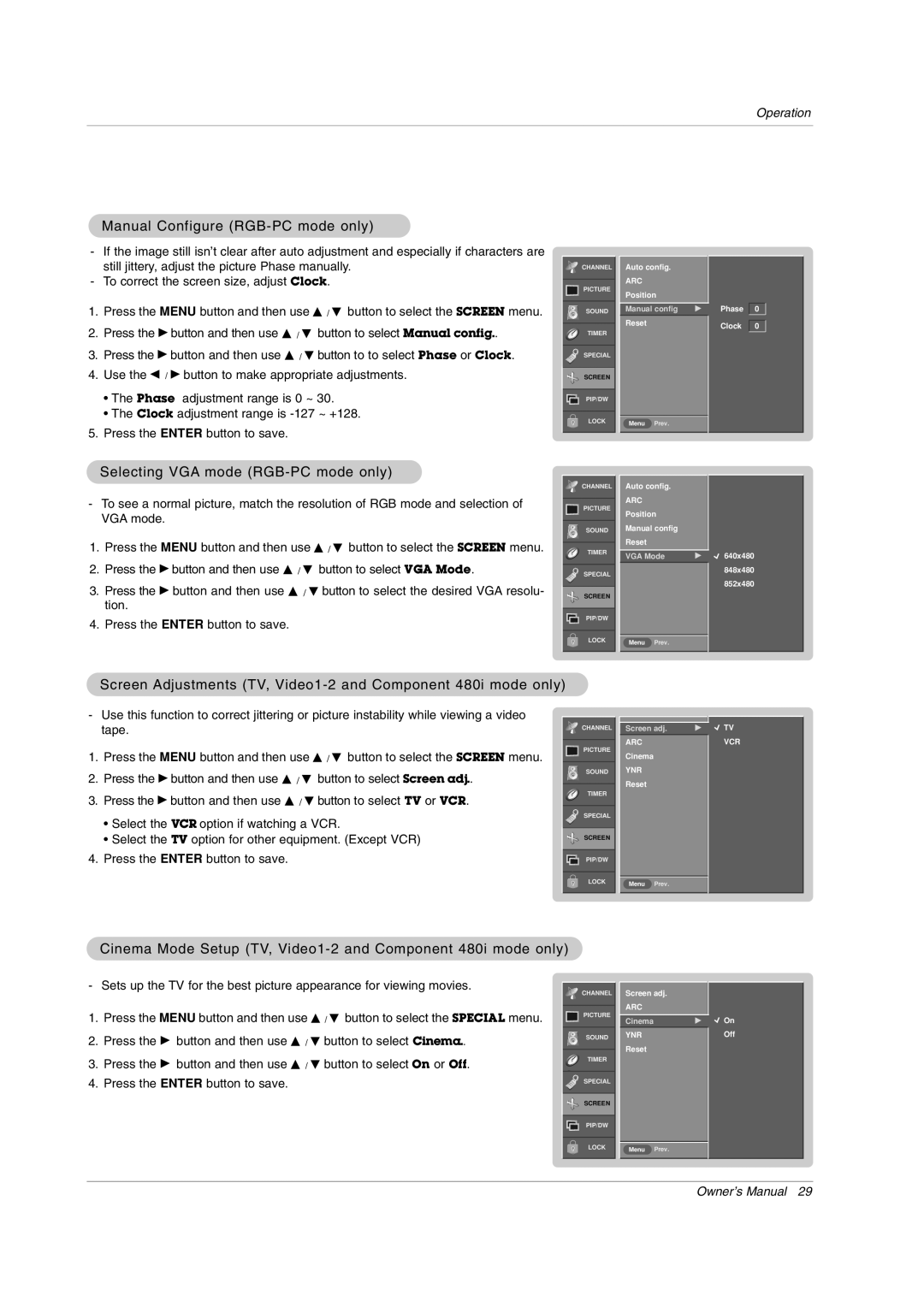 LG Electronics RU-42PX10, RU-50PX20, RU-50PX11 Manual Configure RGB-PC mode only, Selecting VGA mode RGB-PC mode only 