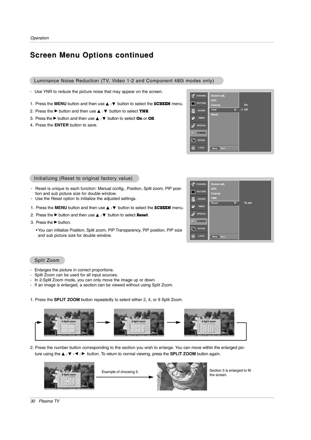 LG Electronics RU-50PX20, RU-50PX11 Screen Menu Options, Initializing Reset to original factory value, Split Zoom 