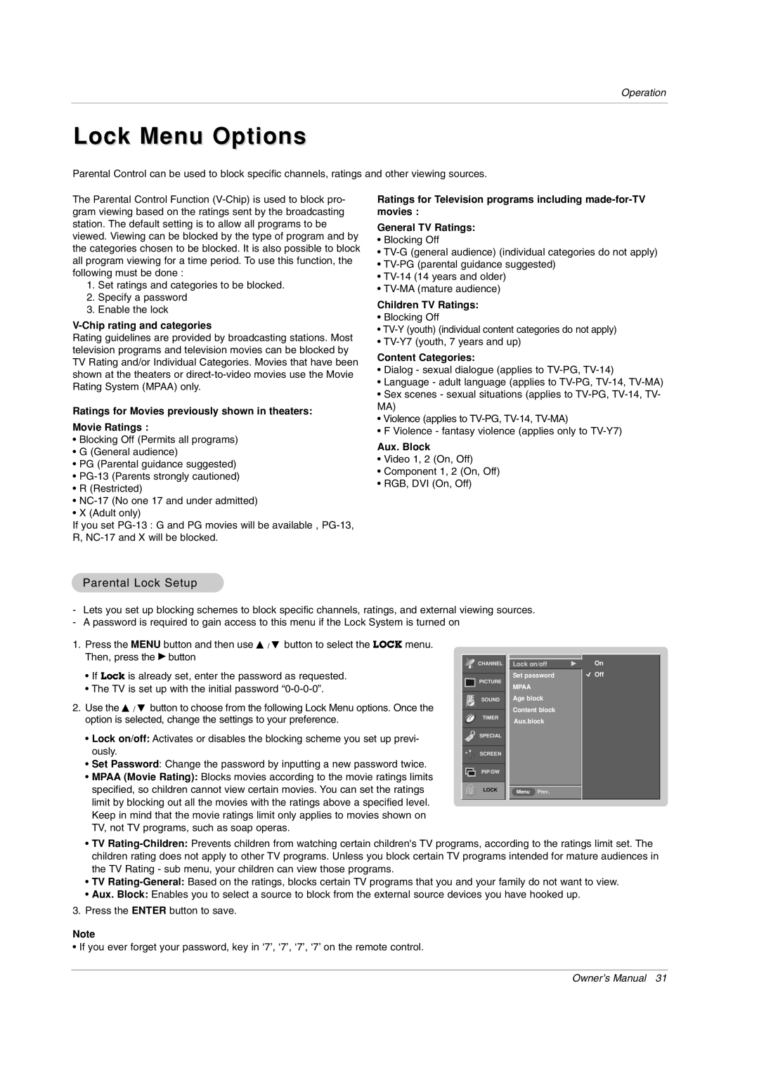 LG Electronics RU-50PX11, RU-50PX20, RU-42PX11, RU-50PX10, RU-42PX20, RU-42PX10 Lock Menu Options, Parental Lock Setup 