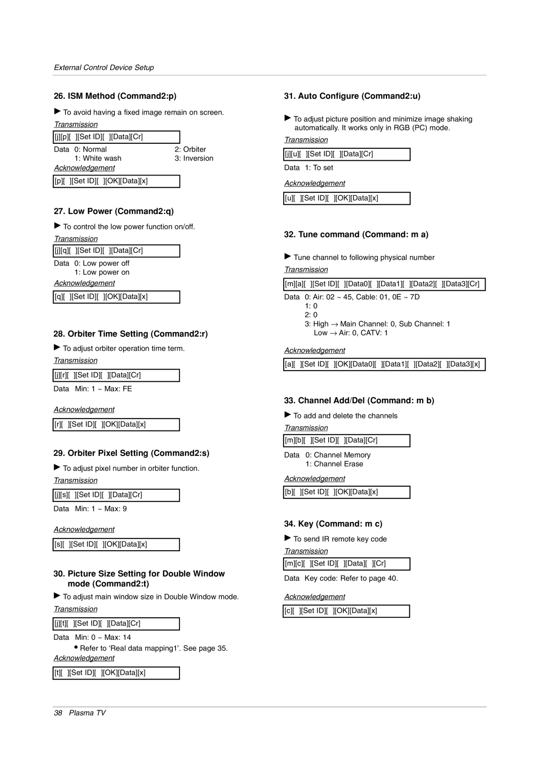 LG Electronics RU-42PX11 ISM Method Command2p, Low Power Command2q, Auto Configure Command2u, Tune command Command m a 