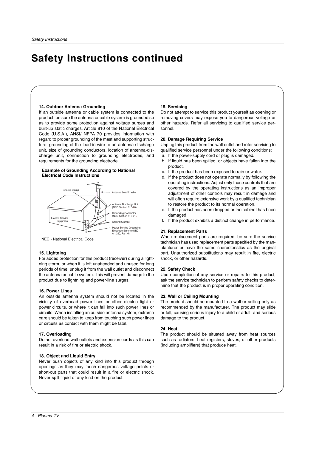 LG Electronics RU-42PX20, RU-50PX20, RU-50PX11, RU-42PX11, RU-50PX10, RU-42PX10 owner manual Safety Instructions 