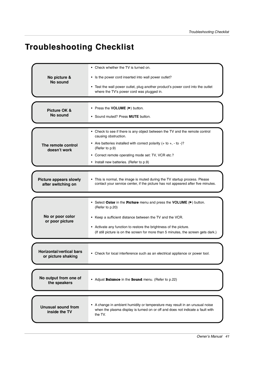 LG Electronics RU-42PX10, RU-50PX20, RU-50PX11, RU-42PX11, RU-50PX10, RU-42PX20 owner manual Troubleshooting Checklist 