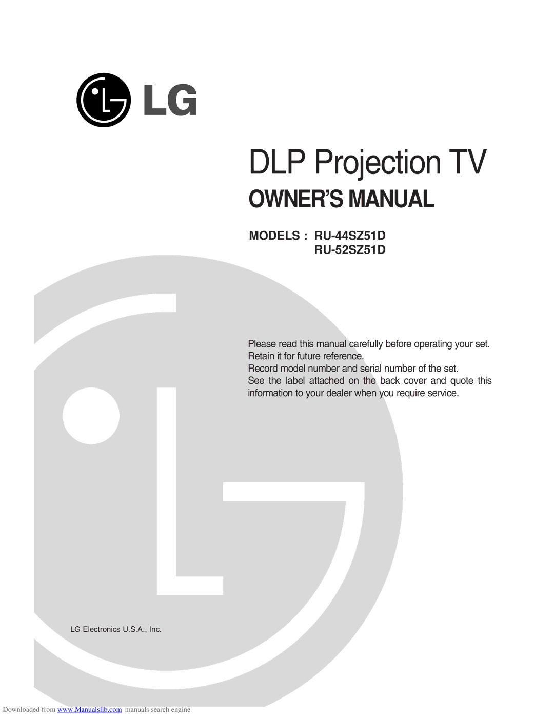 LG Electronics RU-52SZ51D owner manual DLP Projection TV 