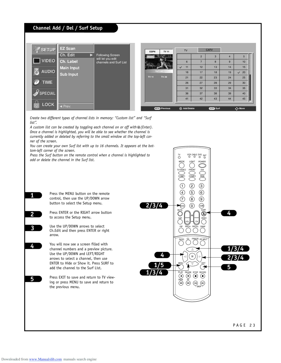 LG Electronics RU-52SZ51D owner manual Channel Add / Del / Surf Setup, EZ Scan, Ch. Label Main Input Sub Input 