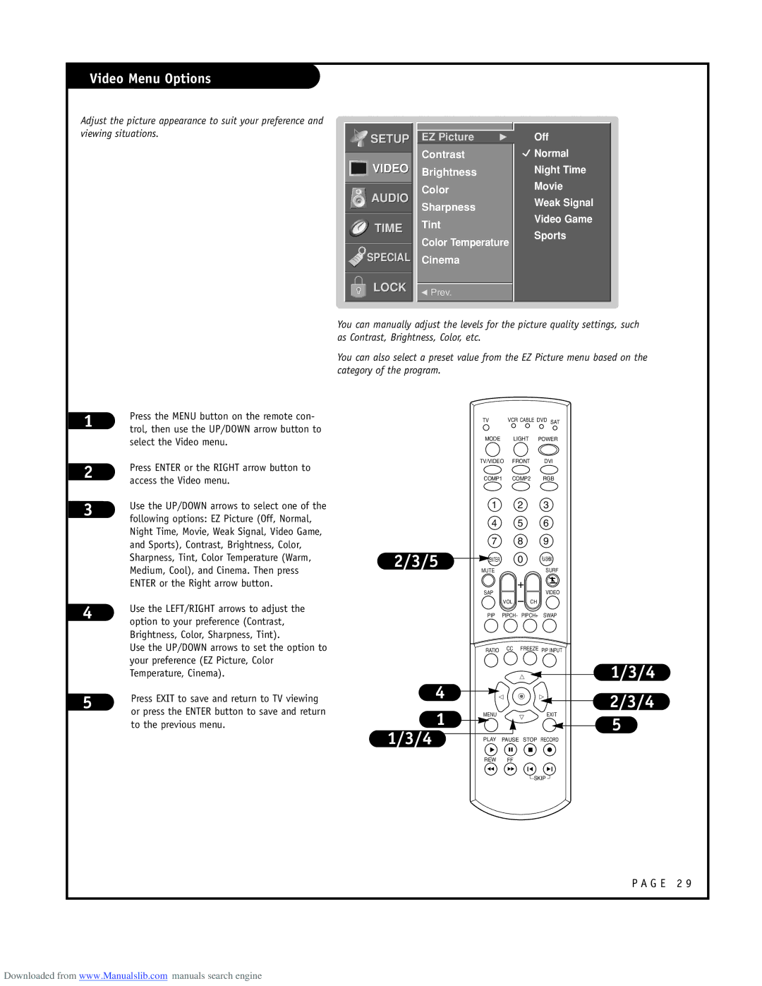 LG Electronics RU-52SZ51D owner manual Video Menu Options, Off Normal Night Time Movie Weak Signal Video Game Sports 