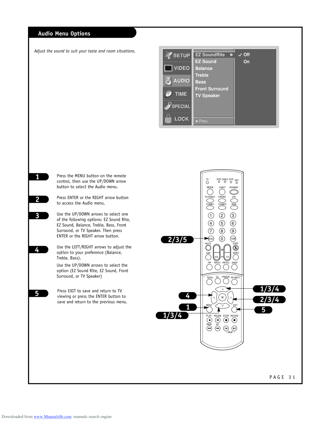 LG Electronics RU-52SZ51D owner manual Audio Menu Options, EZ Sound Balance Treble Bass Front Surround TV Speaker, Off 