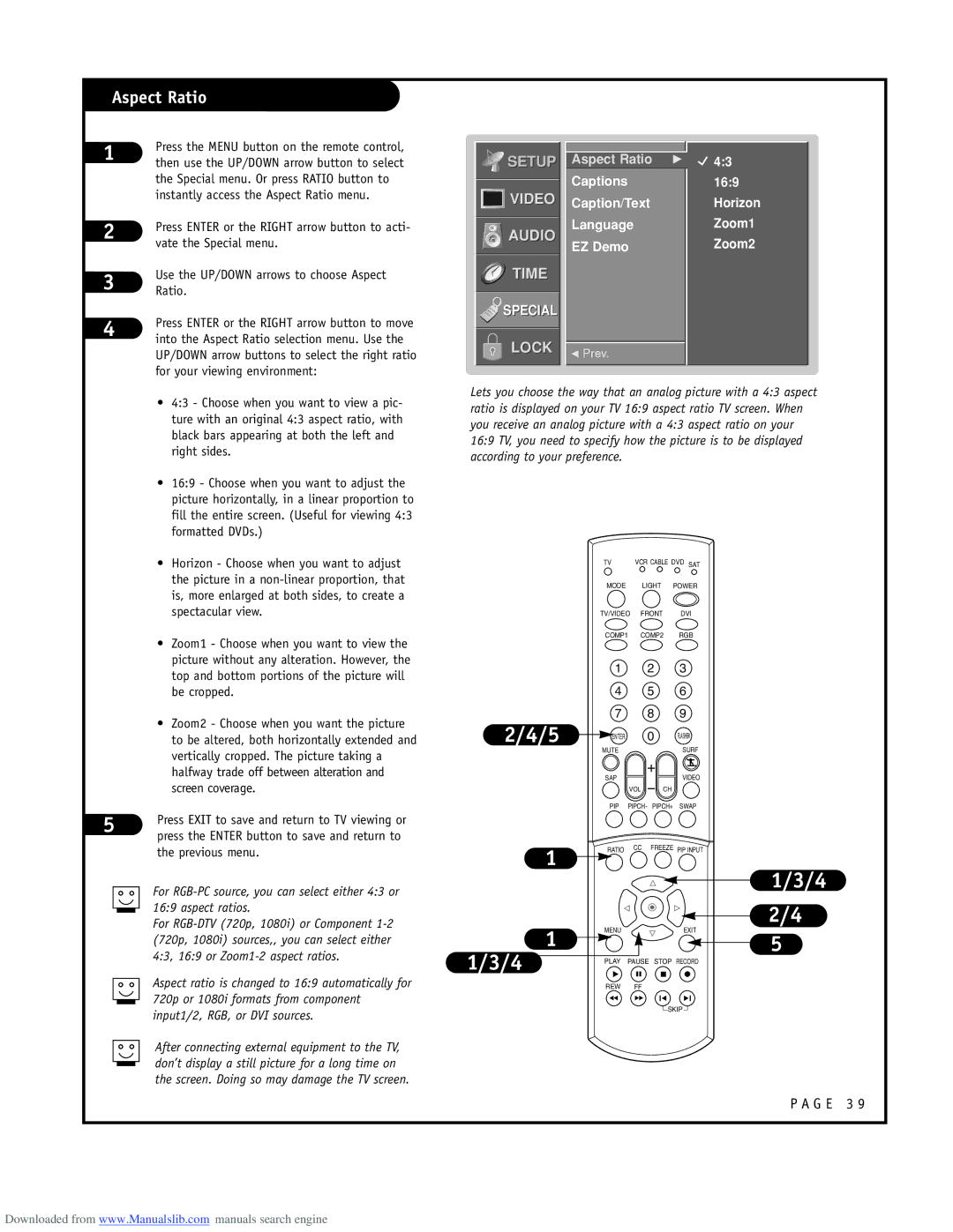 LG Electronics RU-52SZ51D owner manual Aspect Ratio, Captions Caption/Text Language EZ Demo, Horizon Zoom1 Zoom2 