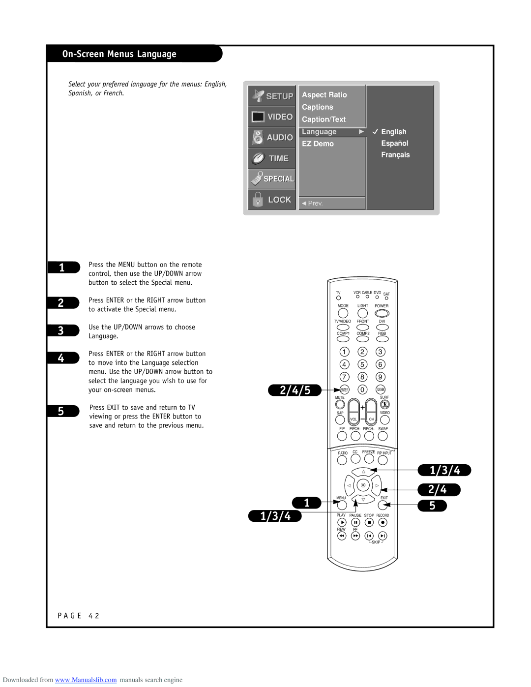 LG Electronics RU-52SZ51D On-Screen Menus Language, Aspect Ratio Captions Caption/Text, English Español Français 