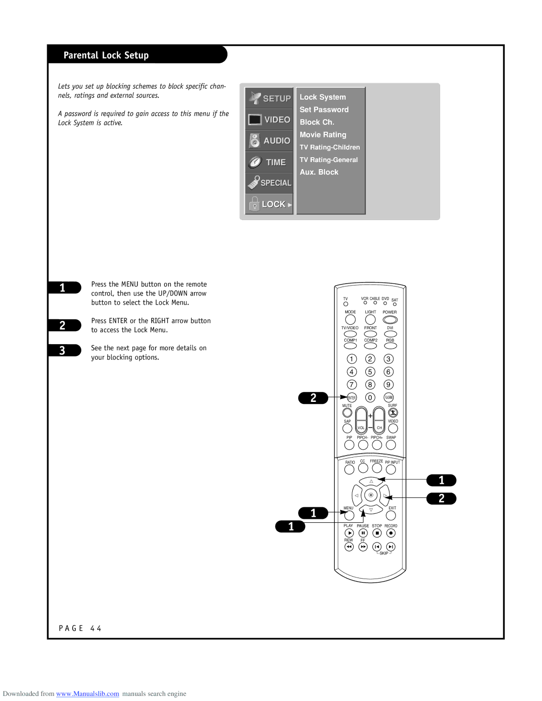 LG Electronics RU-52SZ51D owner manual Parental Lock Setup, Lock System Set Password Block Ch Movie Rating, Aux. Block 