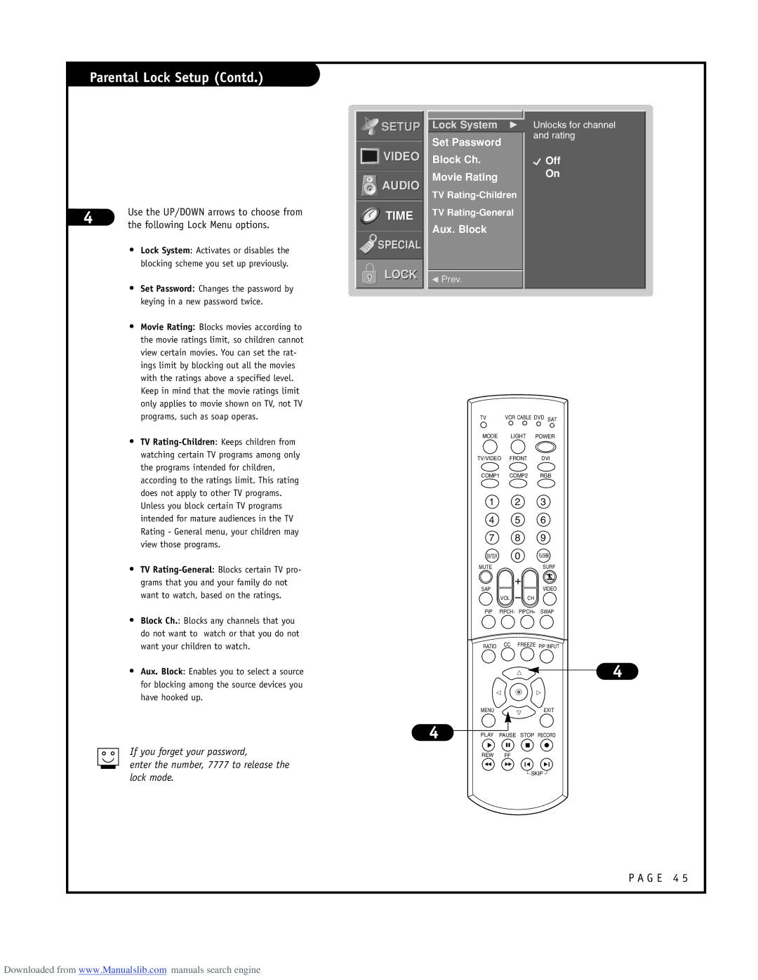 LG Electronics RU-52SZ51D Parental Lock Setup Contd, Following Lock Menu options, Set Password Block Ch Movie Rating 