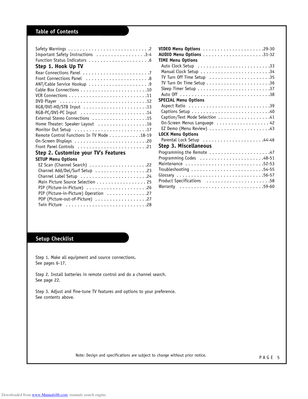 LG Electronics RU-52SZ51D owner manual Table of Contents, Setup Checklist 