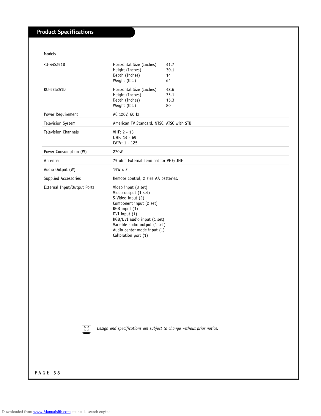 LG Electronics RU-52SZ51D owner manual Product Specifications 