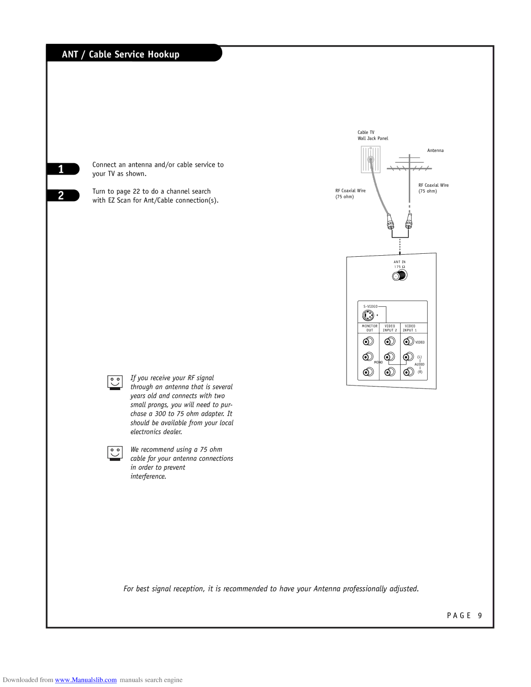 LG Electronics RU-52SZ51D owner manual ANT / Cable Service Hookup, Your TV as shown, Turn to page 22 to do a channel search 