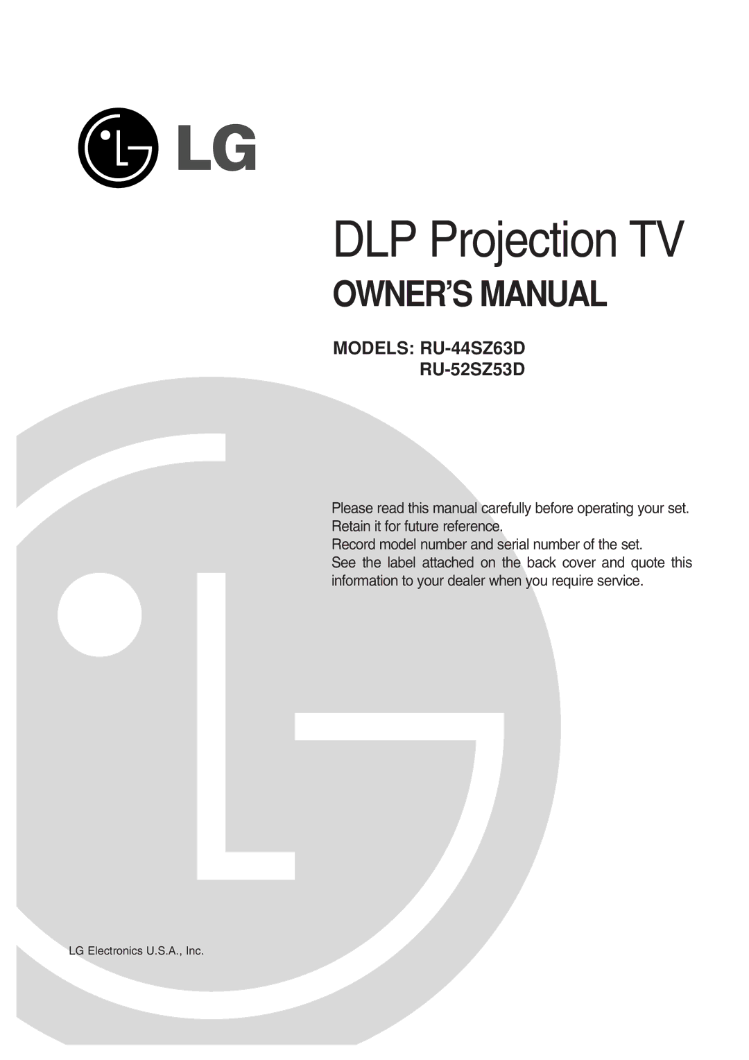 LG Electronics RU-44SZ63D, RU-52SZ53D owner manual DLP Projection TV 