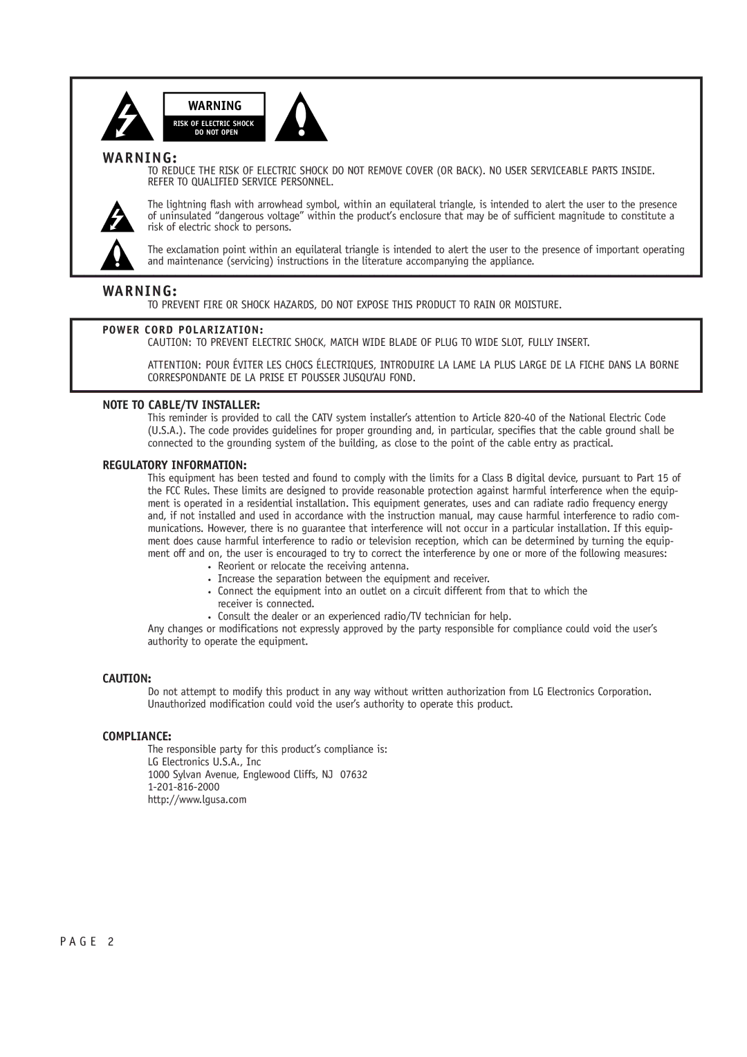 LG Electronics RU-52SZ53D, RU-44SZ63D owner manual Regulatory Information, Power Cord Polarization 