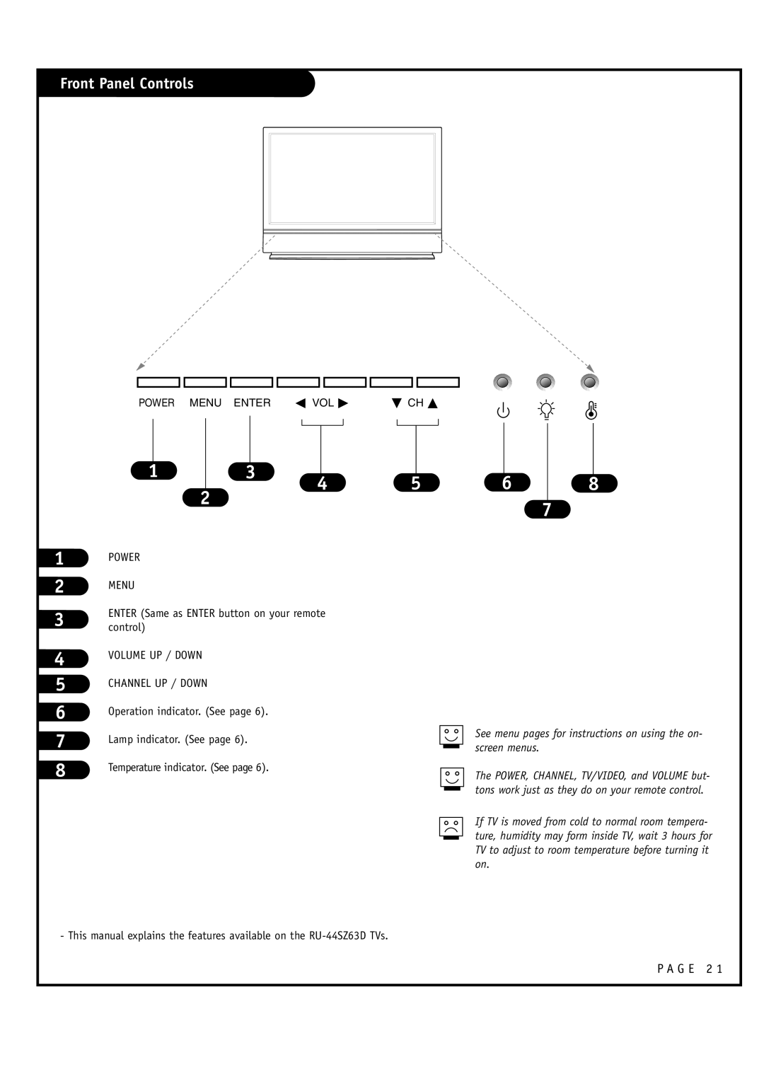 LG Electronics RU-44SZ63D, RU-52SZ53D owner manual Front Panel Controls, Volume UP / Down 