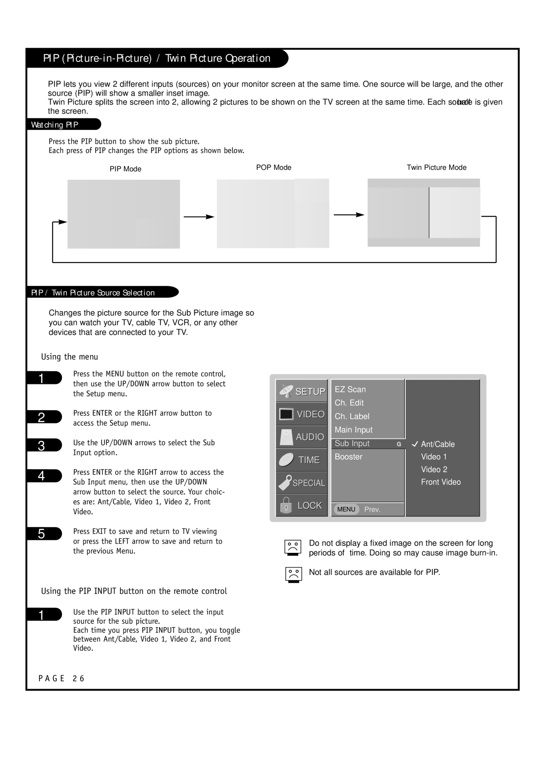 LG Electronics RU-52SZ53D PIP Picture-in-Picture / Twin Picture Operation, EZ Scan Ch. Edit Ch. Label Main Input 