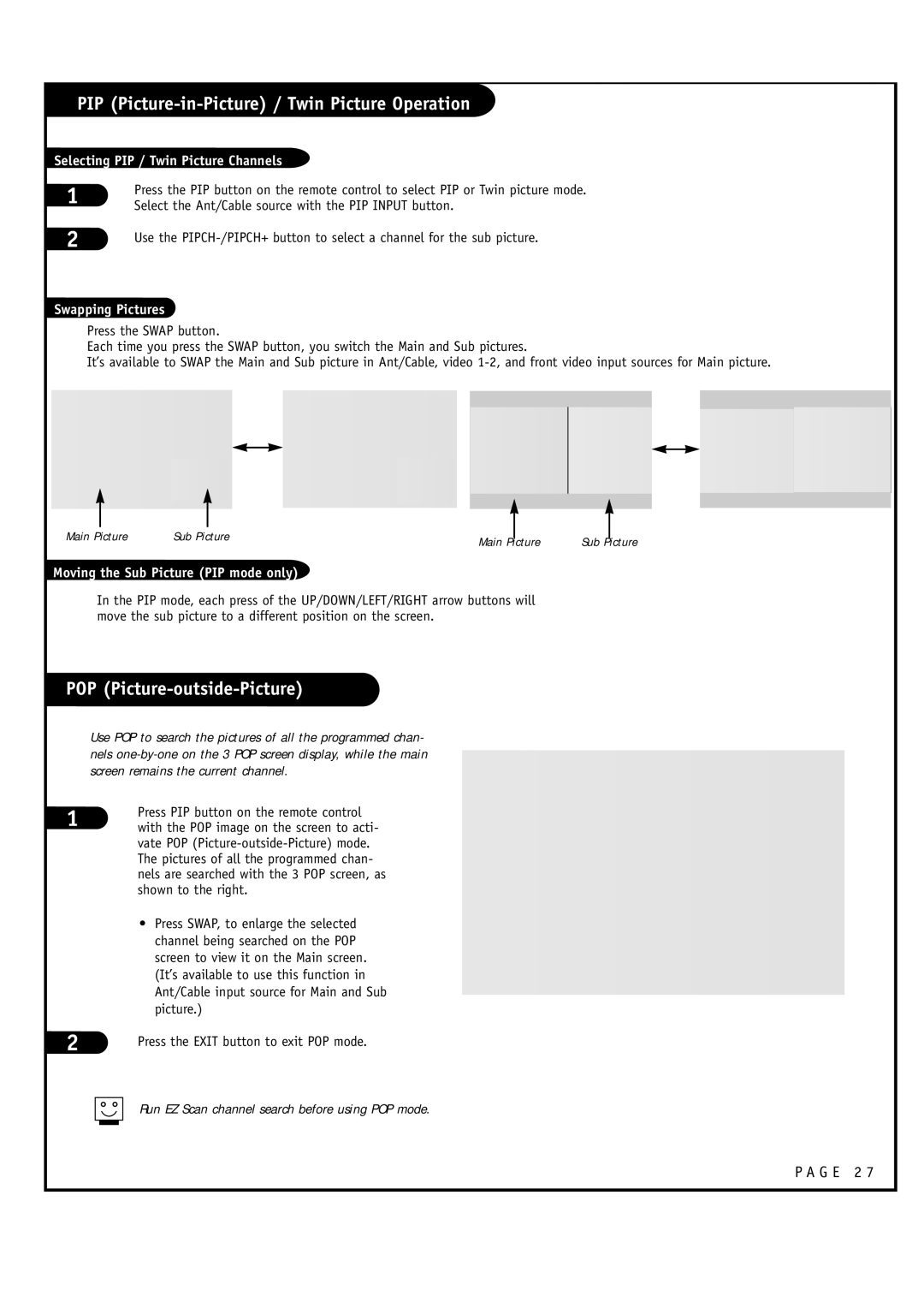 LG Electronics RU-44SZ63D, RU-52SZ53D owner manual POP Picture-outside-Picture, Selecting PIP / Twin Picture Channels 