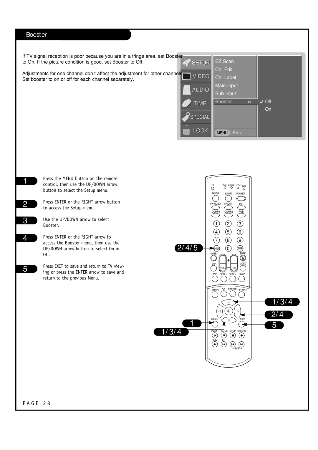 LG Electronics RU-52SZ53D, RU-44SZ63D owner manual Booster, EZ Scan Ch. Edit Ch. Label Main Input Sub Input, Off 