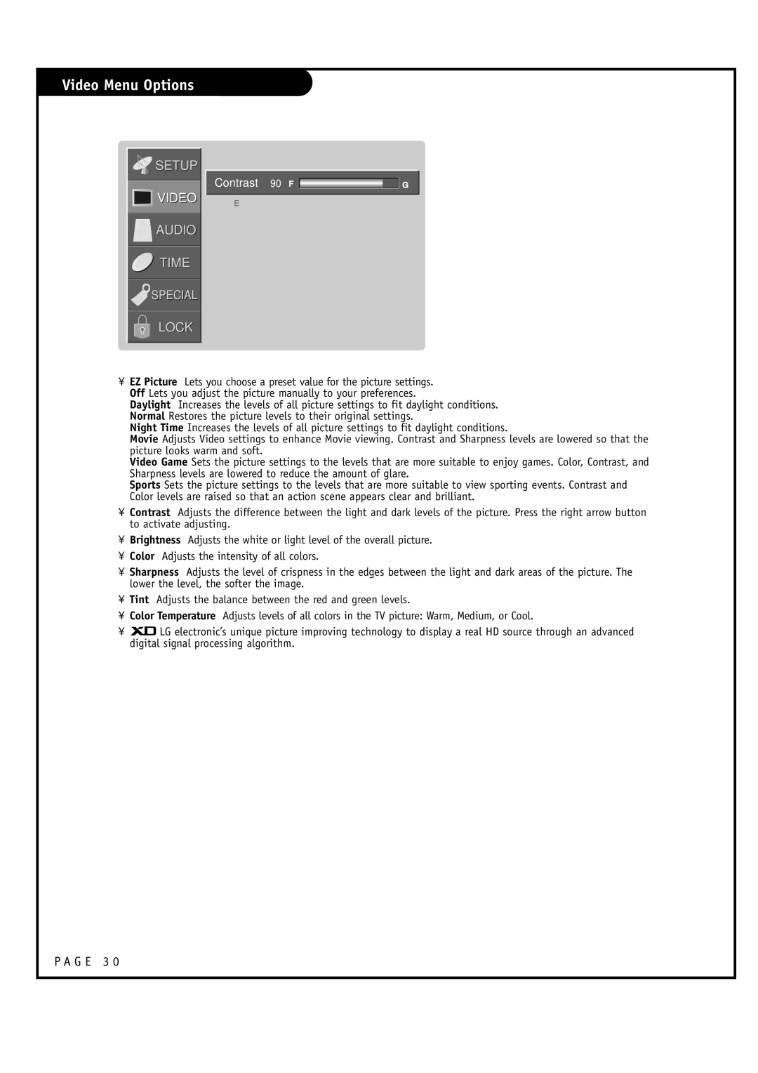 LG Electronics RU-52SZ53D, RU-44SZ63D owner manual Contrast 90 F G 