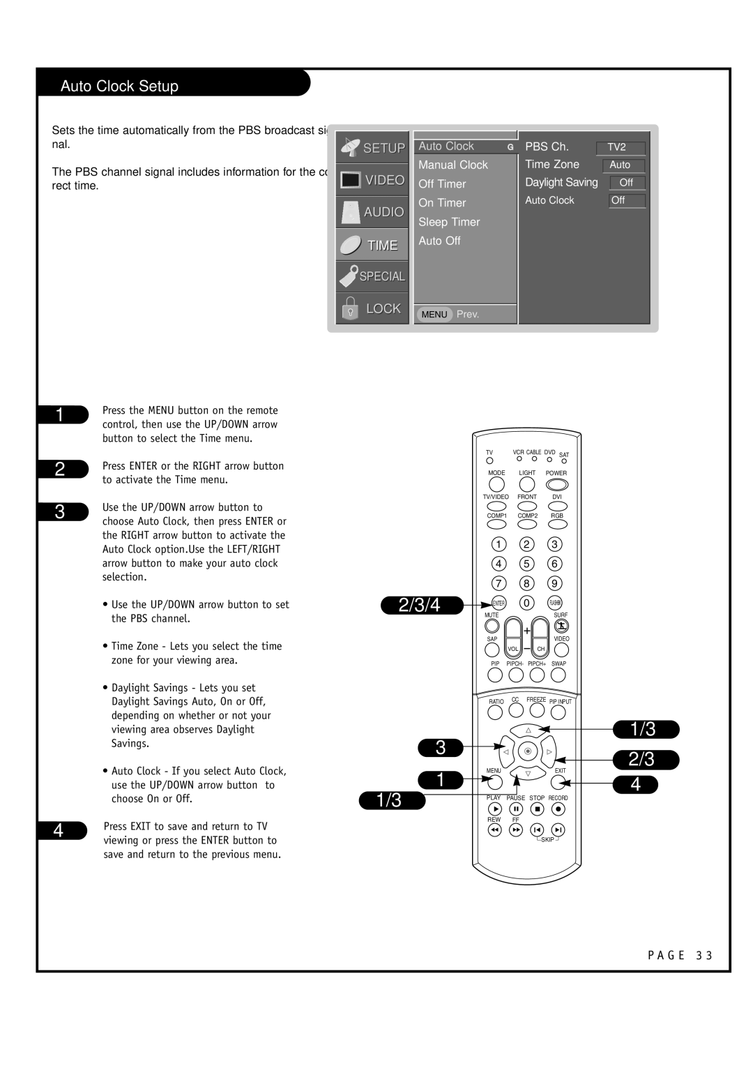 LG Electronics RU-44SZ63D Auto Clock Setup, Manual Clock Off Timer On Timer Sleep Timer Auto Off, PBS Ch, Time Zone 