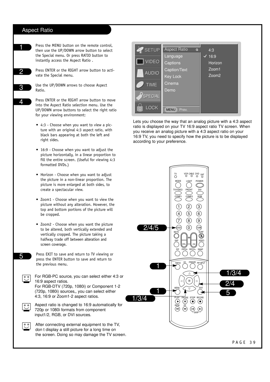 LG Electronics RU-44SZ63D Aspect Ratio, Language Captions Caption/Text Key Lock Cinema Demo, Horizon Zoom1 Zoom2 