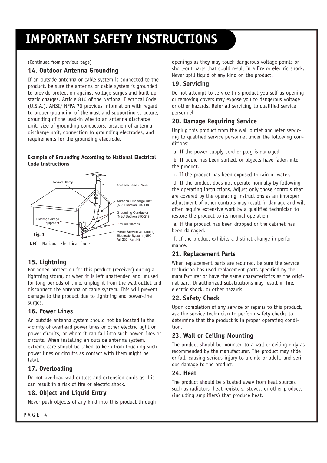 LG Electronics RU-52SZ53D, RU-44SZ63D owner manual From previous, NEC National Electrical Code 