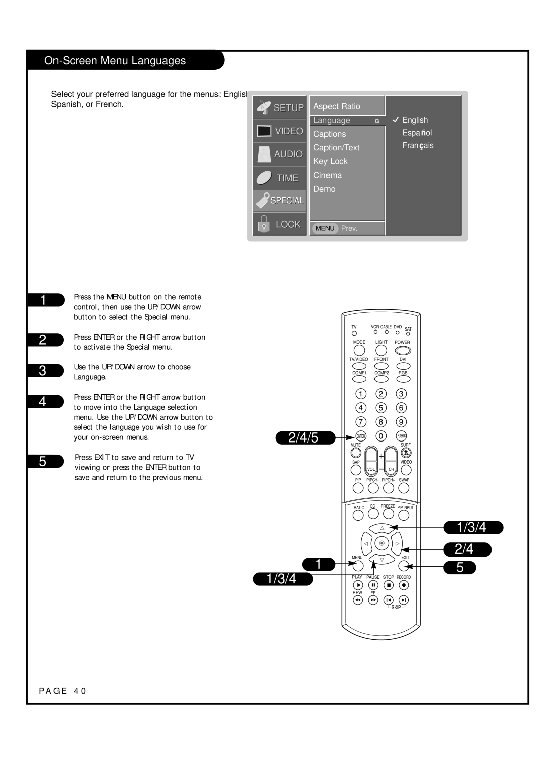 LG Electronics RU-52SZ53D, RU-44SZ63D On-Screen Menu Languages, Aspect Ratio, Captions Caption/Text Key Lock Cinema Demo 