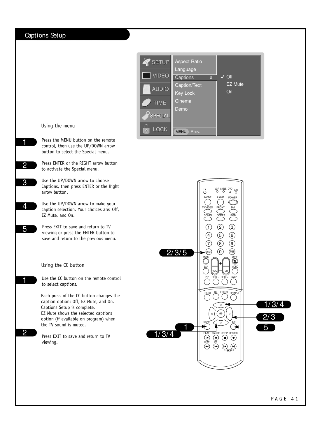 LG Electronics RU-44SZ63D Captions Setup, Aspect Ratio Language, Caption/Text Key Lock Cinema Demo, Off EZ Mute 