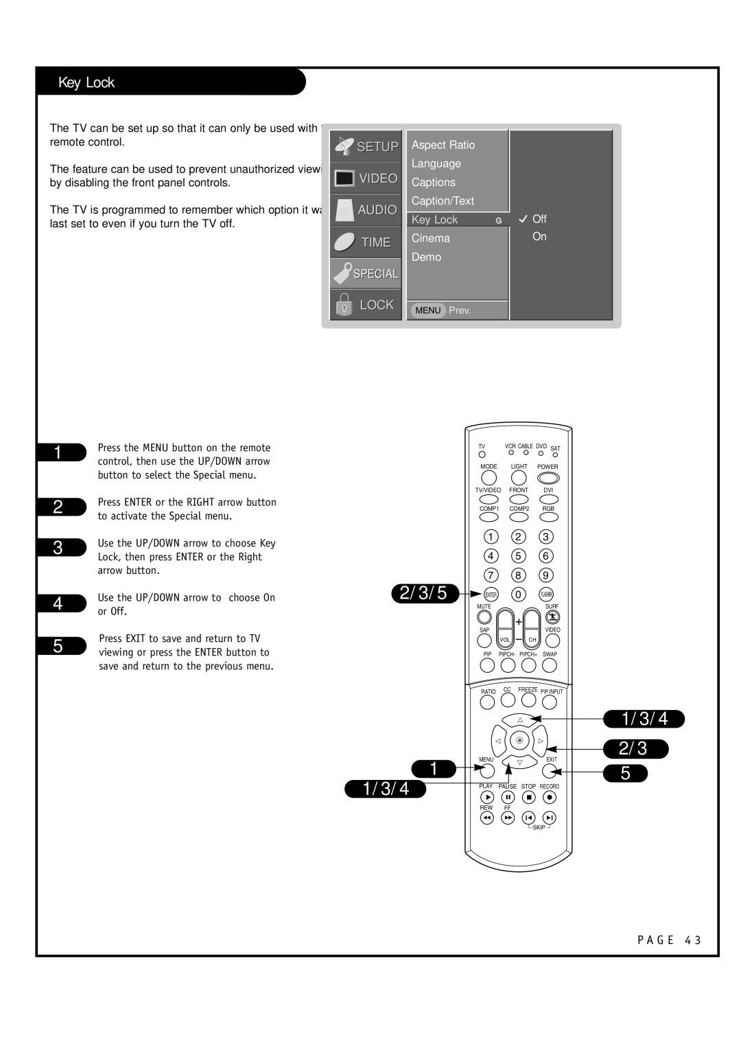 LG Electronics RU-44SZ63D, RU-52SZ53D Key Lock, Aspect Ratio Language Captions Caption/Text, Cinema Demo, Or Off 