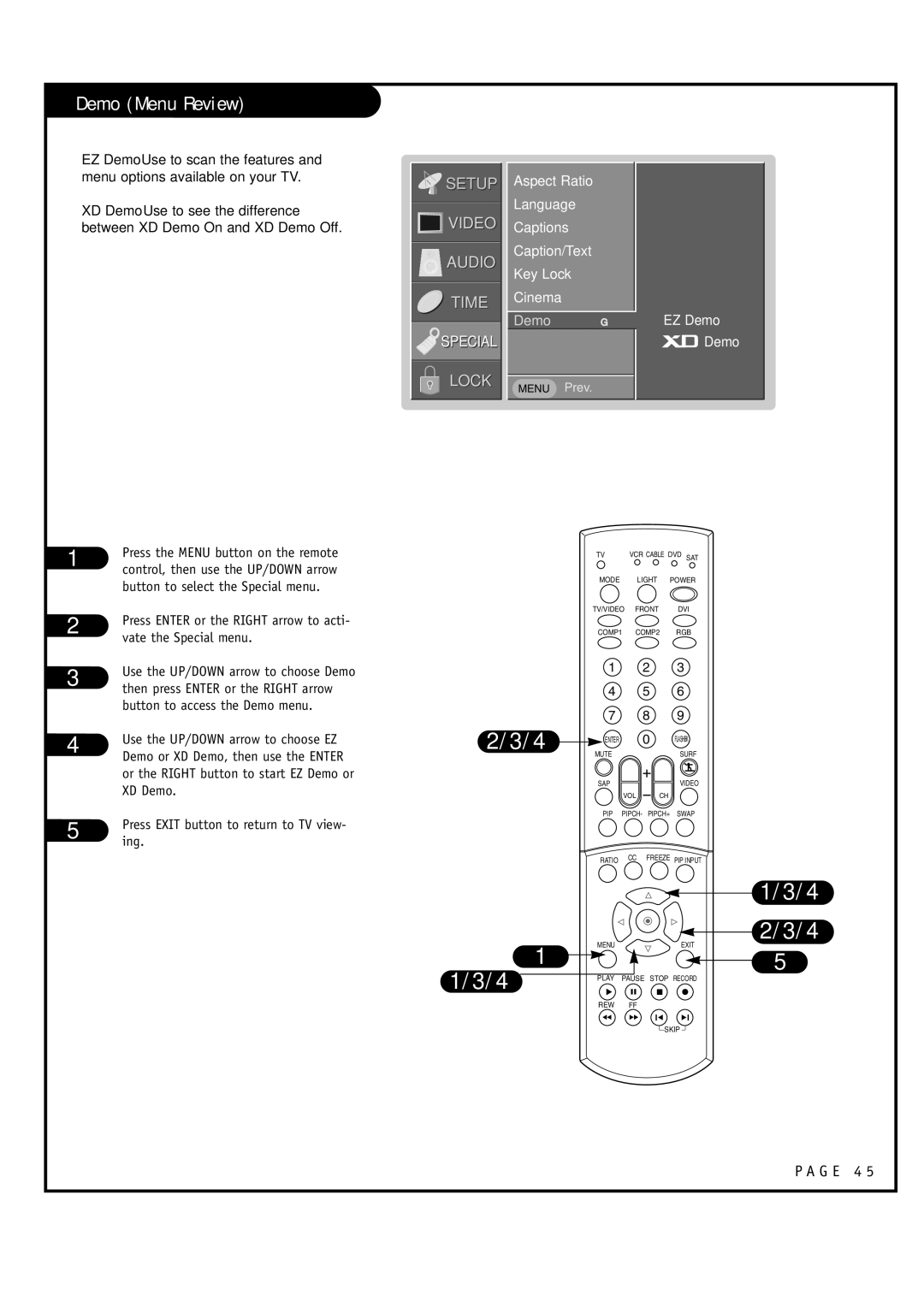 LG Electronics RU-44SZ63D Demo Menu Review, Aspect Ratio Language Captions Caption/Text Key Lock Cinema, EZ Demo, XD Demo 