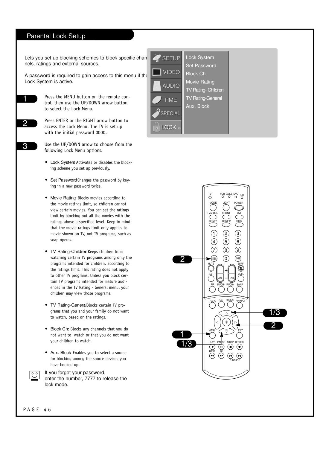 LG Electronics RU-52SZ53D, RU-44SZ63D owner manual Parental Lock Setup, To select the Lock Menu, Following Lock Menu options 