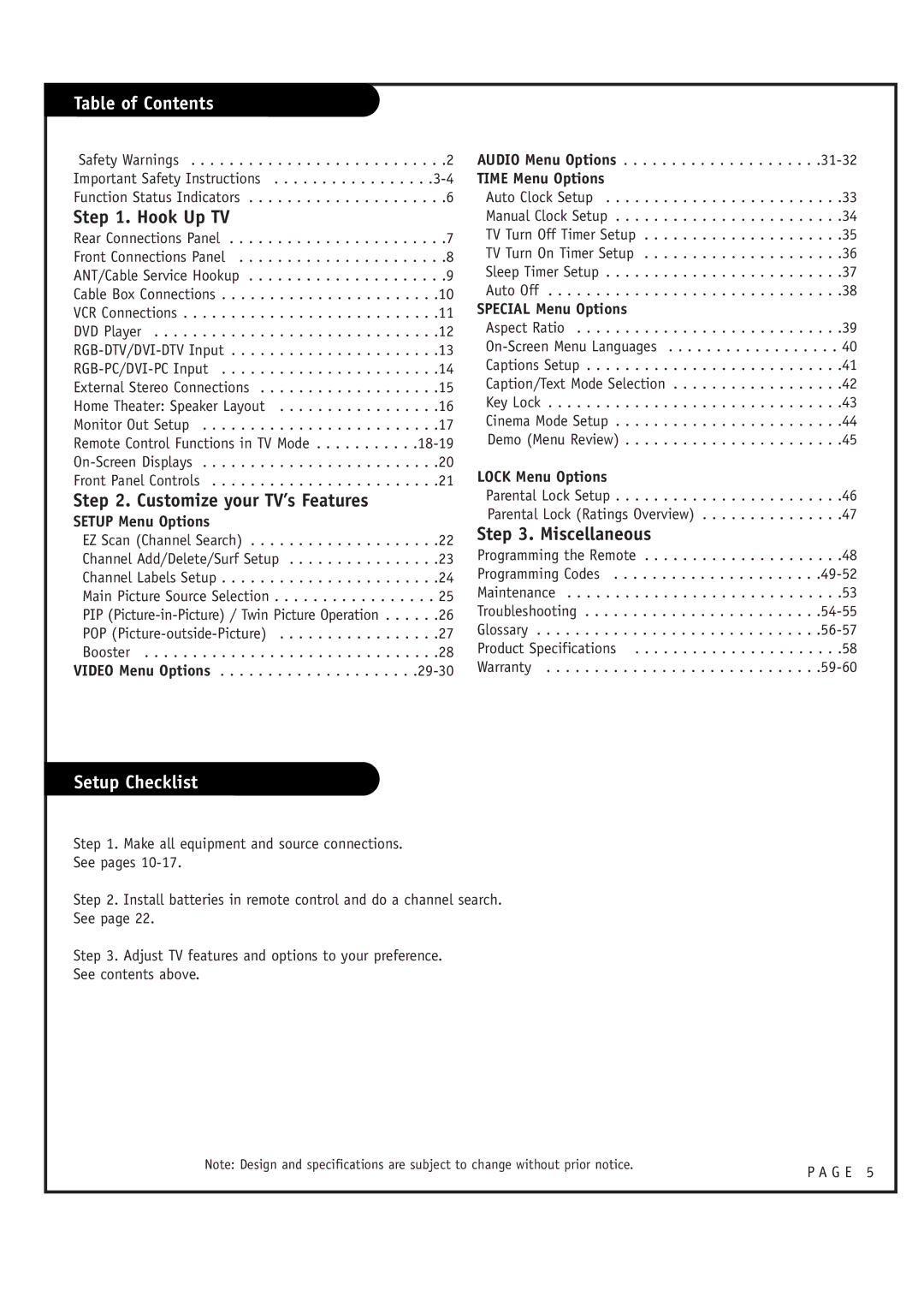 LG Electronics RU-44SZ63D, RU-52SZ53D owner manual Table of Contents, Setup Checklist 