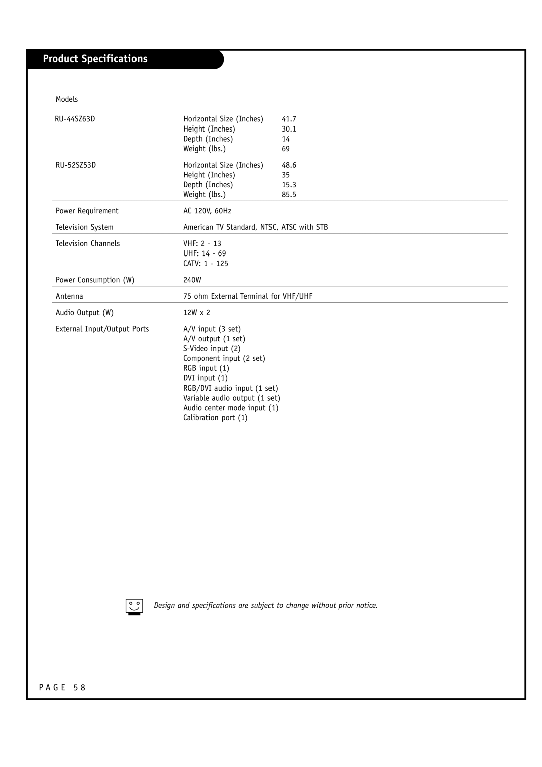 LG Electronics RU-52SZ53D, RU-44SZ63D owner manual Product Specifications 