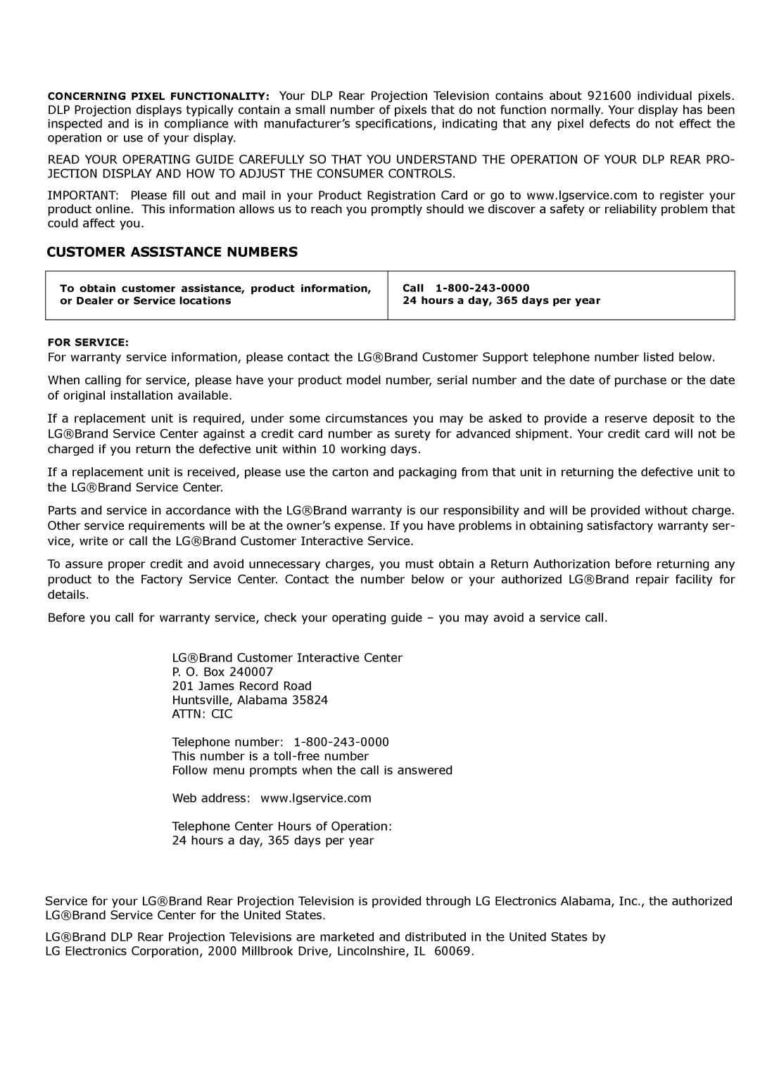 LG Electronics RU-44SZ63D, RU-52SZ53D owner manual Customer Assistance Numbers 