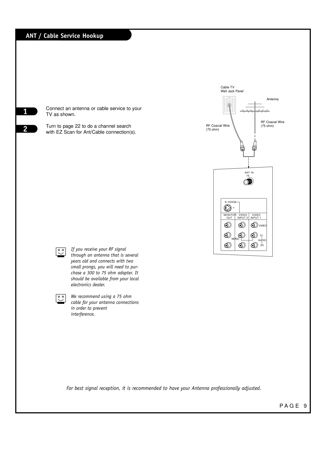 LG Electronics RU-44SZ63D, RU-52SZ53D ANT / Cable Service Hookup, TV as shown, Turn to page 22 to do a channel search 