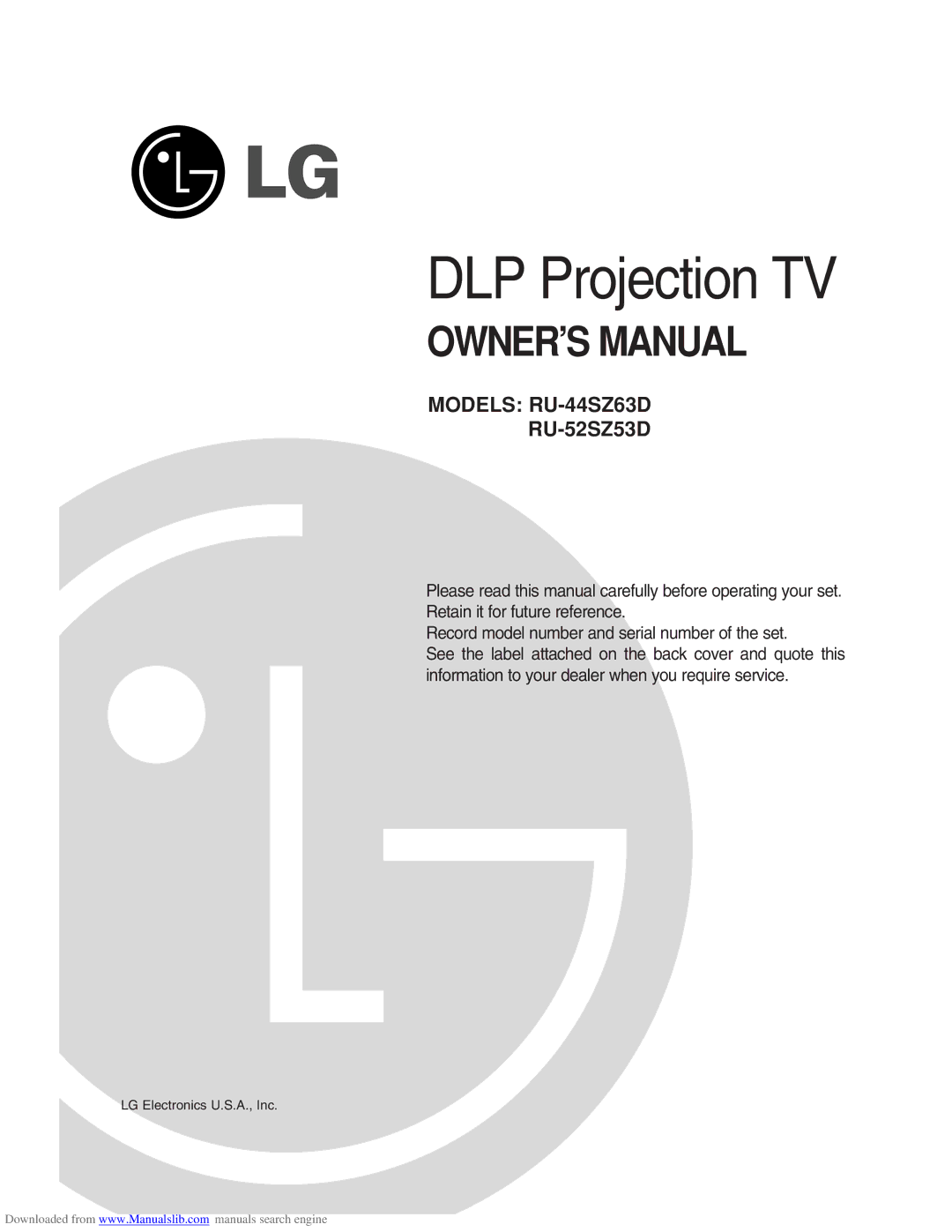 LG Electronics RU-52SZ53D owner manual DLP Projection TV 