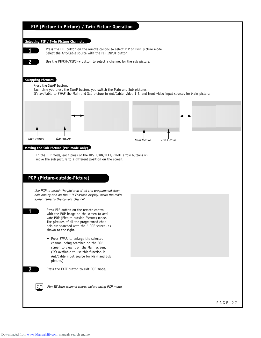 LG Electronics RU-52SZ53D owner manual POP Picture-outside-Picture, Selecting PIP / Twin Picture Channels 