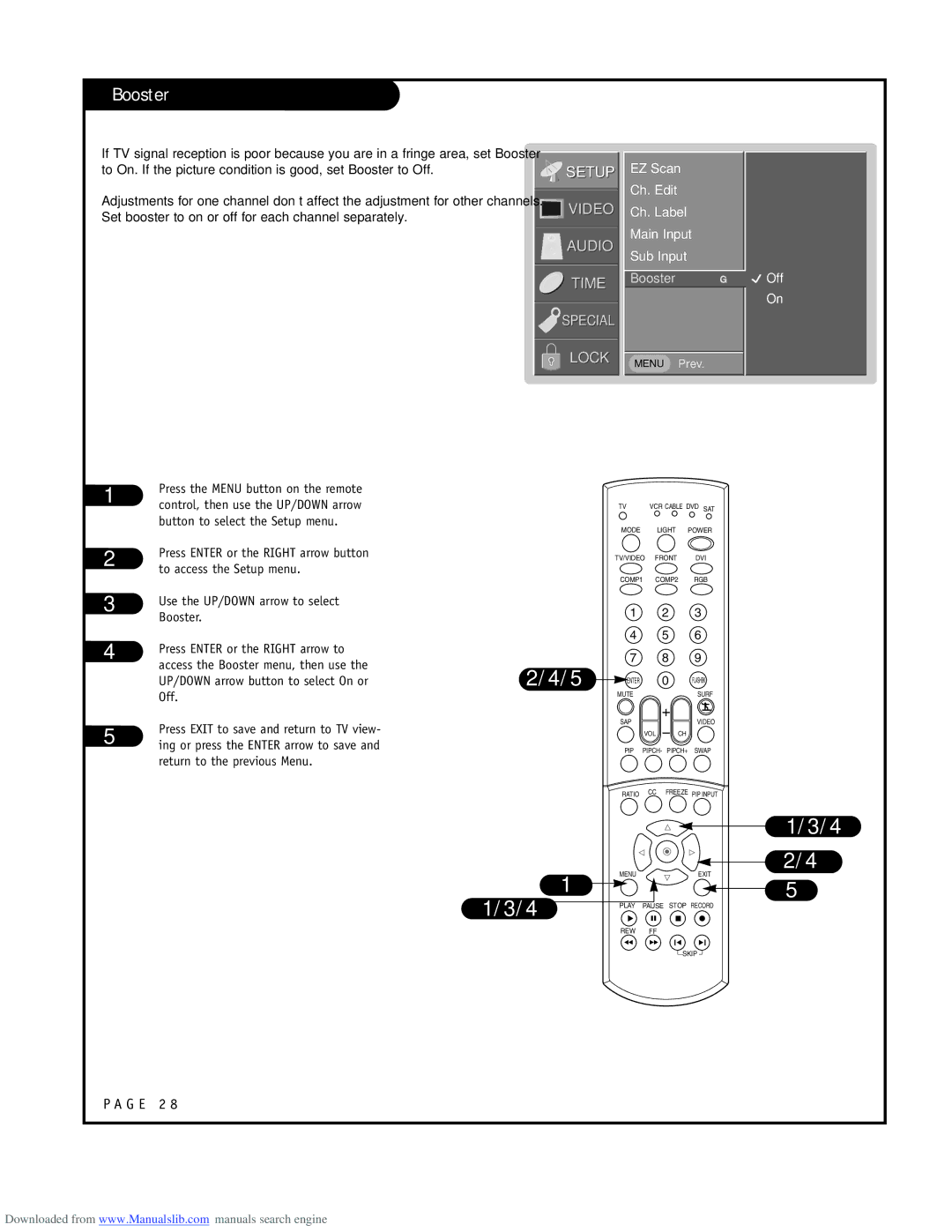 LG Electronics RU-52SZ53D owner manual Booster, EZ Scan Ch. Edit Ch. Label Main Input Sub Input, Off 